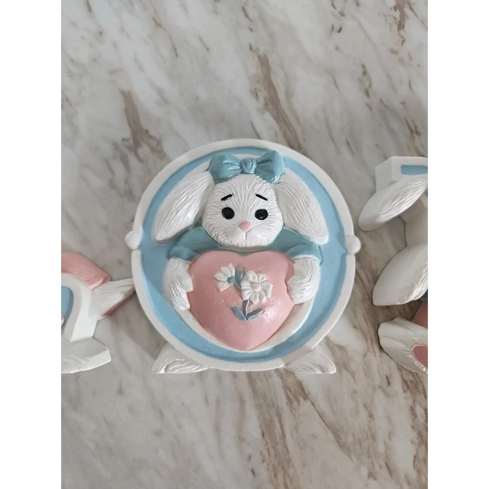 Vintage Burwood Love Bunnies Wall Plaques Shelf Sitters 1992 USA Easter Rabbits